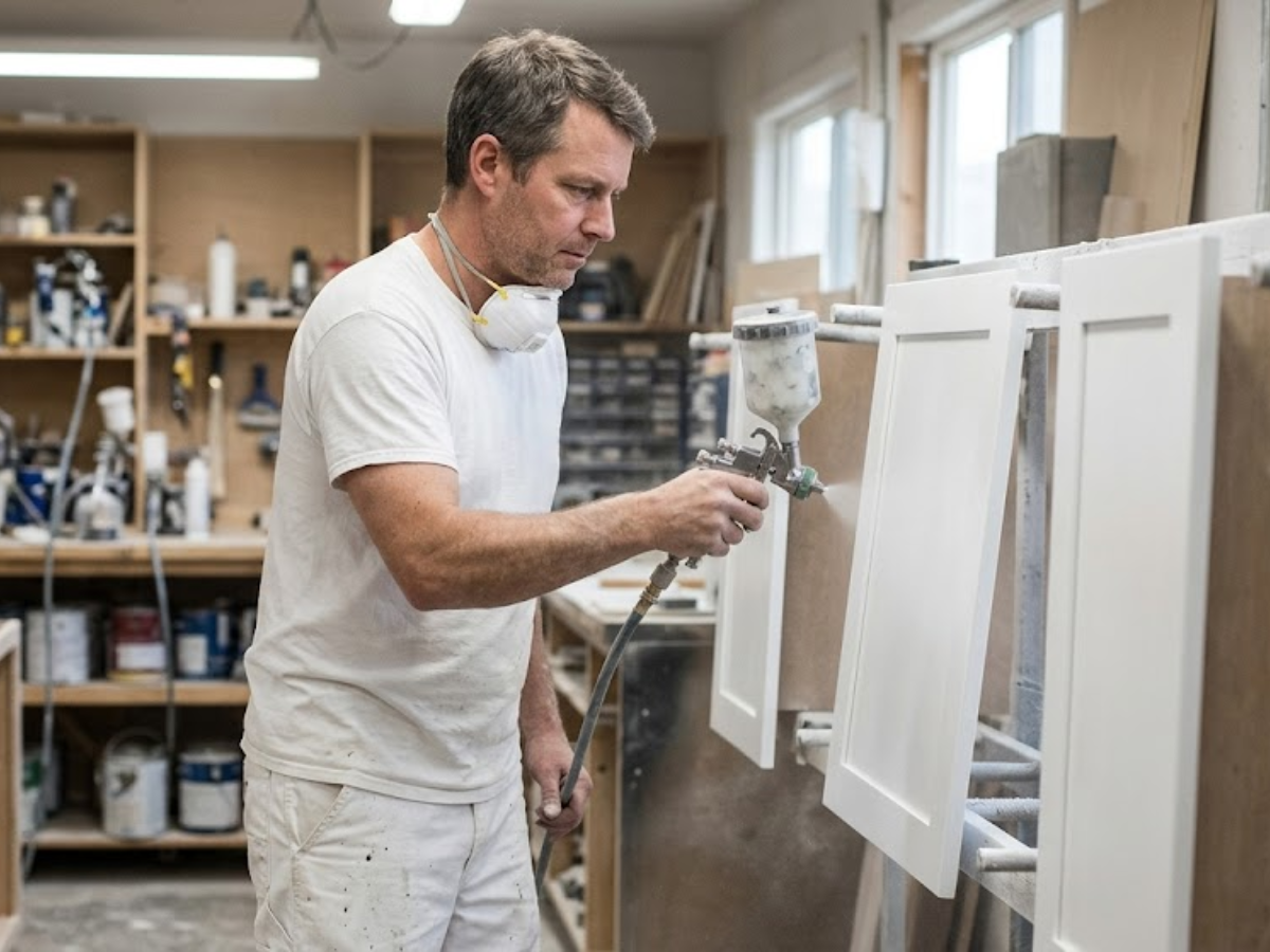 Why North Atlanta Homeowners Trust Cabinet Transformation Experts—Not Just Painters - Cabinets being sprayed in workshop