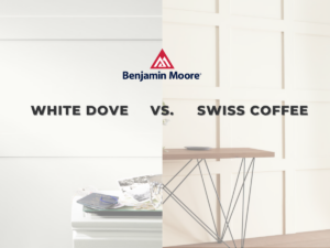 Swiss Coffee vs. White Dove: Which Benjamin Moore Shade Is Right for Your Space? - Picture divided into 2 the mentioned shades plus Benjamin Moore's logo.