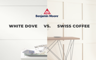 Swiss Coffee vs. White Dove: Which Benjamin Moore Shade Is Right for Your Space? - Picture divided into 2 the mentioned shades plus Benjamin Moore's logo.