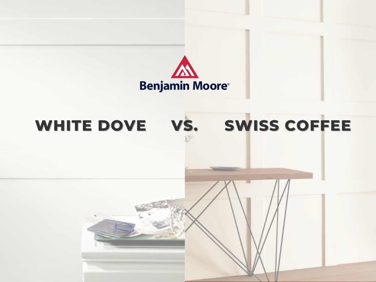 Swiss Coffee vs. White Dove: Which Benjamin Moore Shade Is Right for Your Space? - Picture divided into 2 the mentioned shades plus Benjamin Moore's logo.