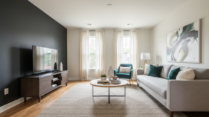 Sherwin-Williams Black Magic in an accent wall of a living room