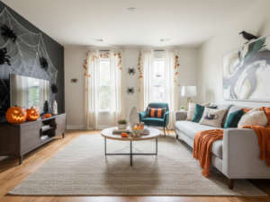 Spooky or Stylish? How to Use Halloween Shades in Every Room of Your Home - Living room with a black accent wall decorated for halloween