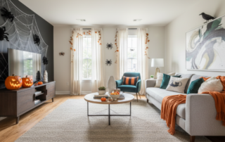 Spooky or Stylish? How to Use Halloween Shades in Every Room of Your Home - Living room with a black accent wall decorated for halloween