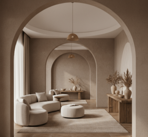 Interior with mushroom tones and curved openings