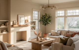 The Biggest Interior Design Trends for 2026 - Cozy living room with mushroom tones on walls and trim and plenty of natural lighting.
