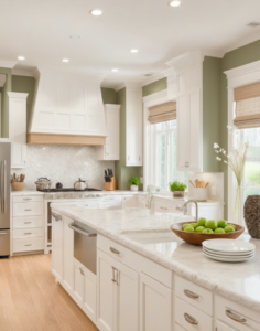 Beautiful kitchen with SW Pure White shade on cabinets.