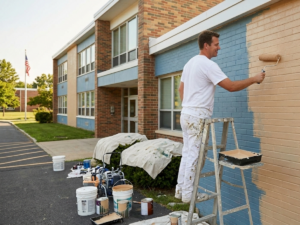 Summer vs. Winter Break: When’s the Best Time to Paint Your School? - painter rollerpainting the exterior of an American school