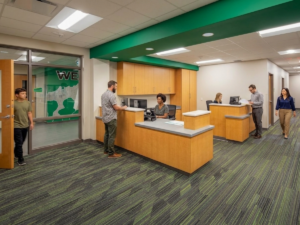 How Color Impacts School Branding, Culture & Wayfinding - school office with green walls