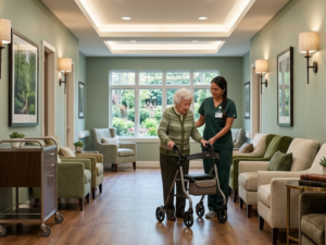 Why Low‑VOC Paint Is Non‑Negotiable for Atlanta Healthcare Facilities - old woman and nurse walking in hallway at Senior Care facility painted with Low‑VOC Paint