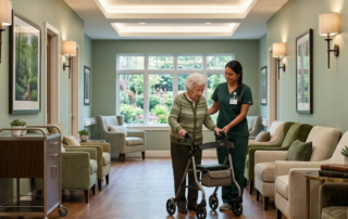 Why Low‑VOC Paint Is Non‑Negotiable for Atlanta Healthcare Facilities - old woman and nurse walking in hallway at Senior Care facility painted with Low‑VOC Paint