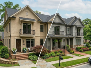 Stucco vs. Fiber Cement: Elegir el sistema de pintura exterior adecuado para Atlanta Townhome Communities - Atlanta townhomes with Stucco siding vs Fiber cement siding