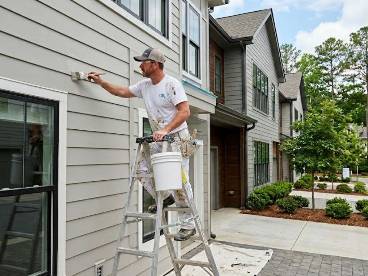 How to Select an Approved Painting Contractor for Your Atlanta Townhome Community - professional painter painting the siding of a Townhome in North Atlanta