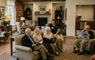 How to Repaint an Occupied Assisted Living Facility in Metro Atlanta with Minimal Disruption - common space in an assisted living facility in Atlanta, GA. 4 elderly and a nurse having a great time