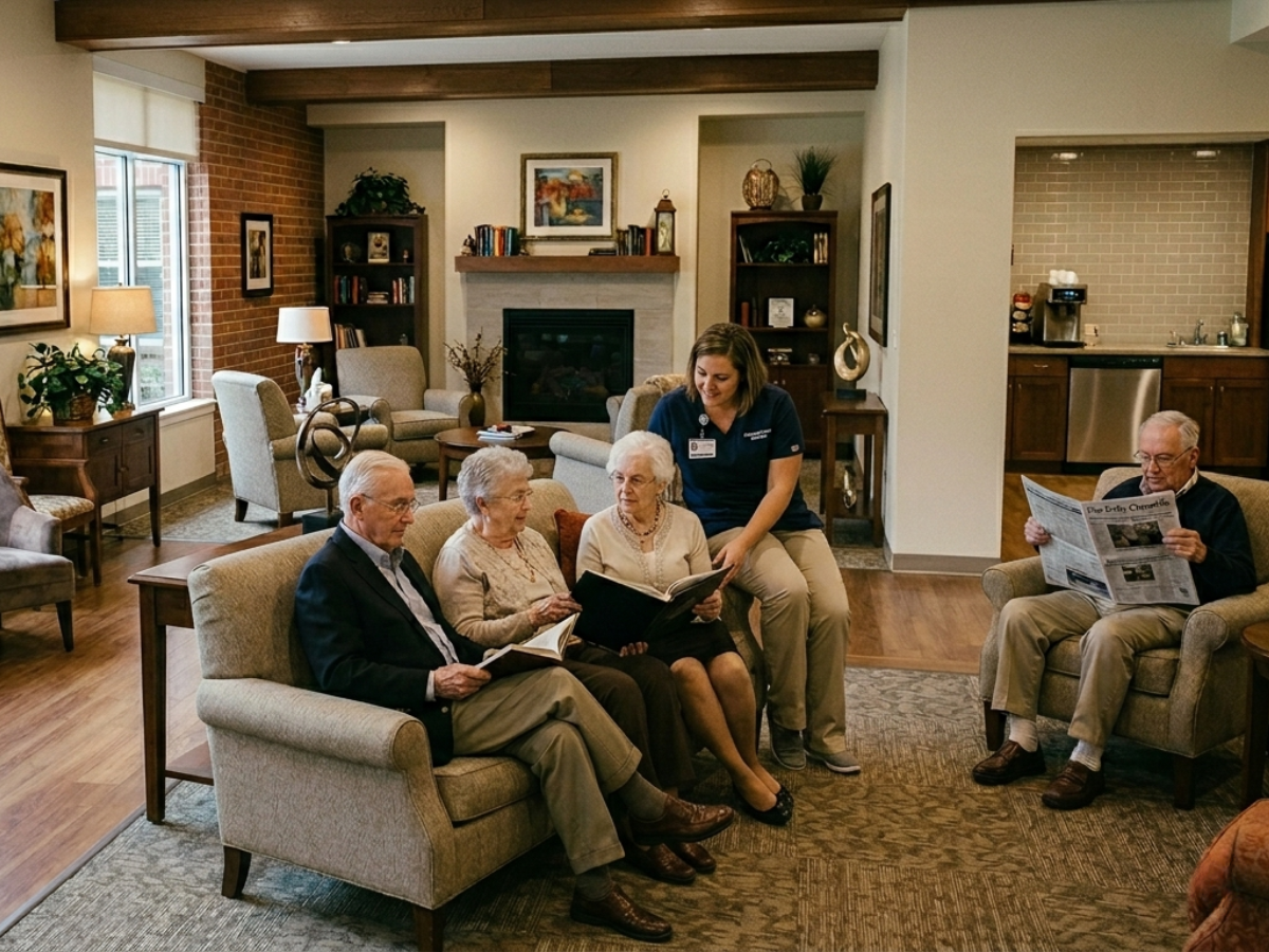 How to Repaint an Occupied Assisted Living Facility in Metro Atlanta with Minimal Disruption - common space in an assisted living facility in Atlanta, GA. 4 elderly and a nurse having a great time