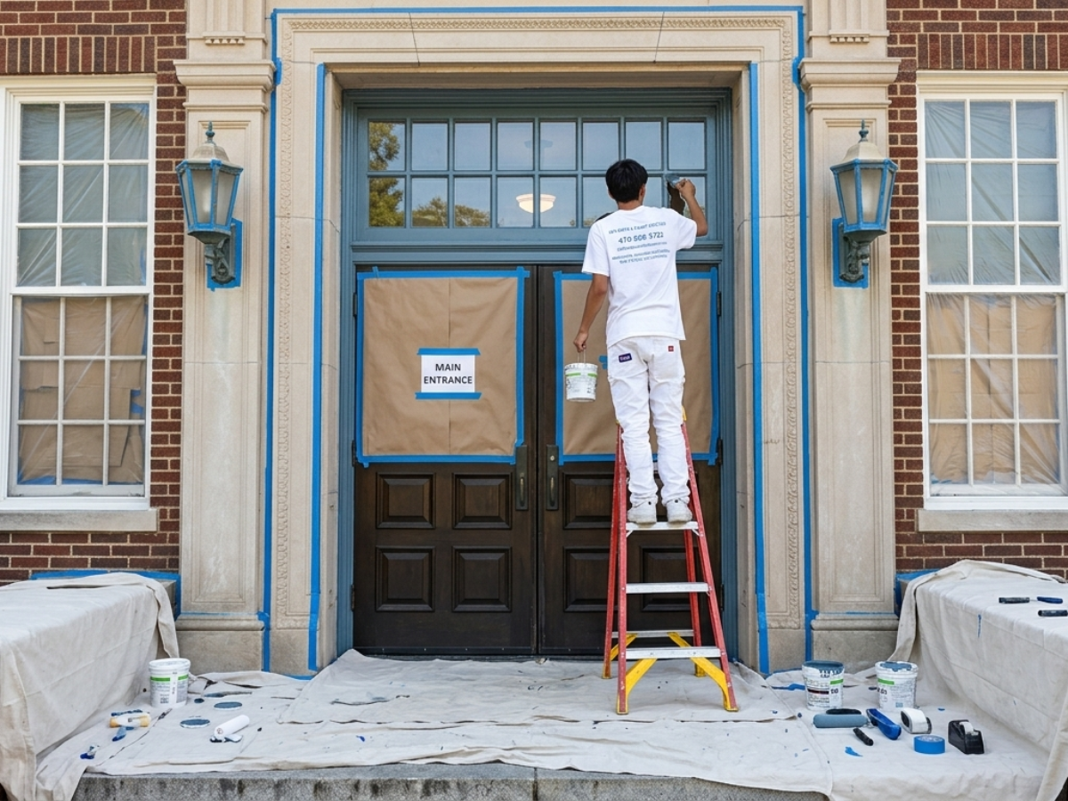 What to Look for in a School Painting Contractor (A Guide for Metro Atlanta Schools) - Atlanta's Paint Doctor's team member painting the entrance of a school