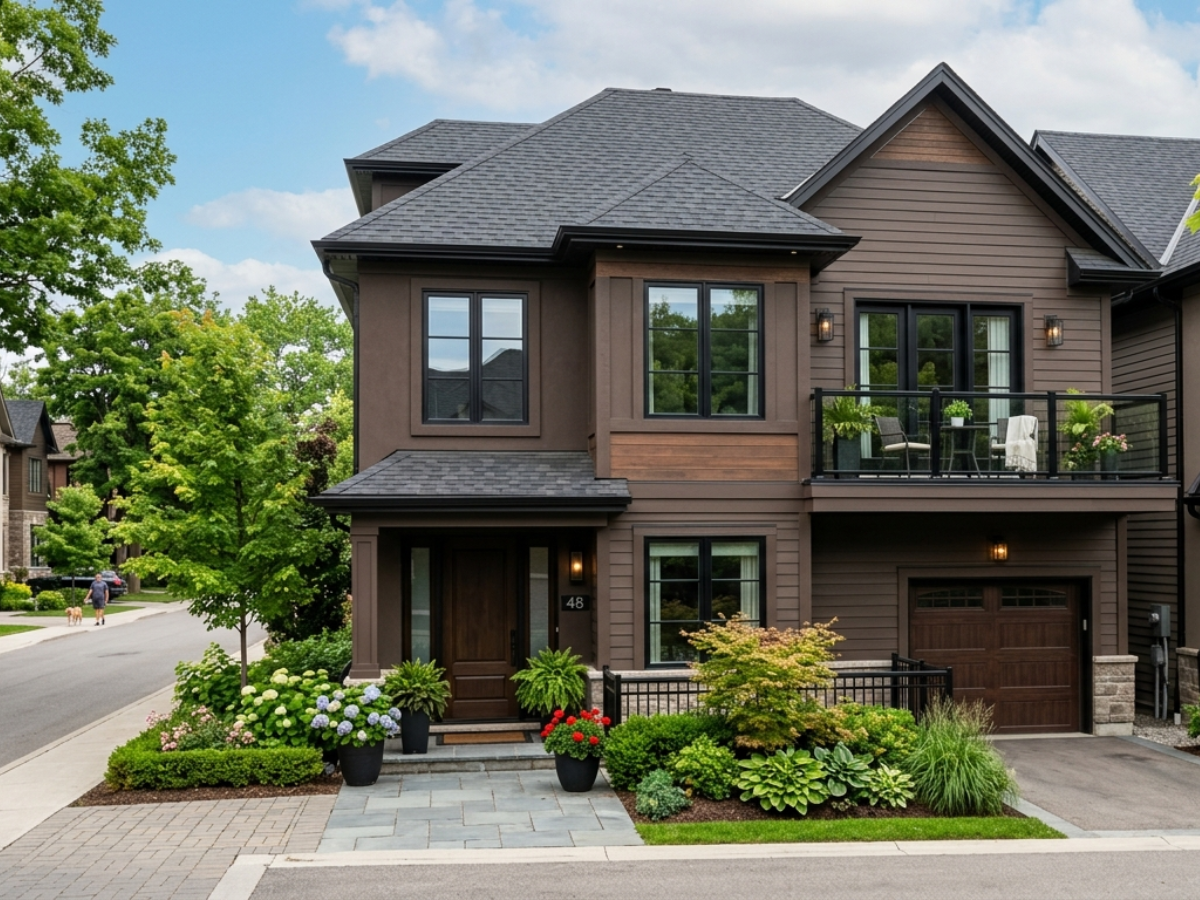 How Dark Exterior Colors Perform in Atlanta’s Climate (Fading, Heat & Moisture Impact on Townhomes) - Beautiful townhome with dark brown siding in Atlanta