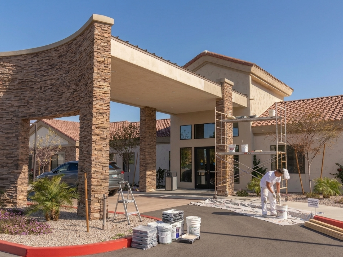 Scheduling an Exterior Repaint in Senior Living Communities With Minimal Disruption to Residents - Atlanta's Paint Doctor painter stirring paint at jobsite