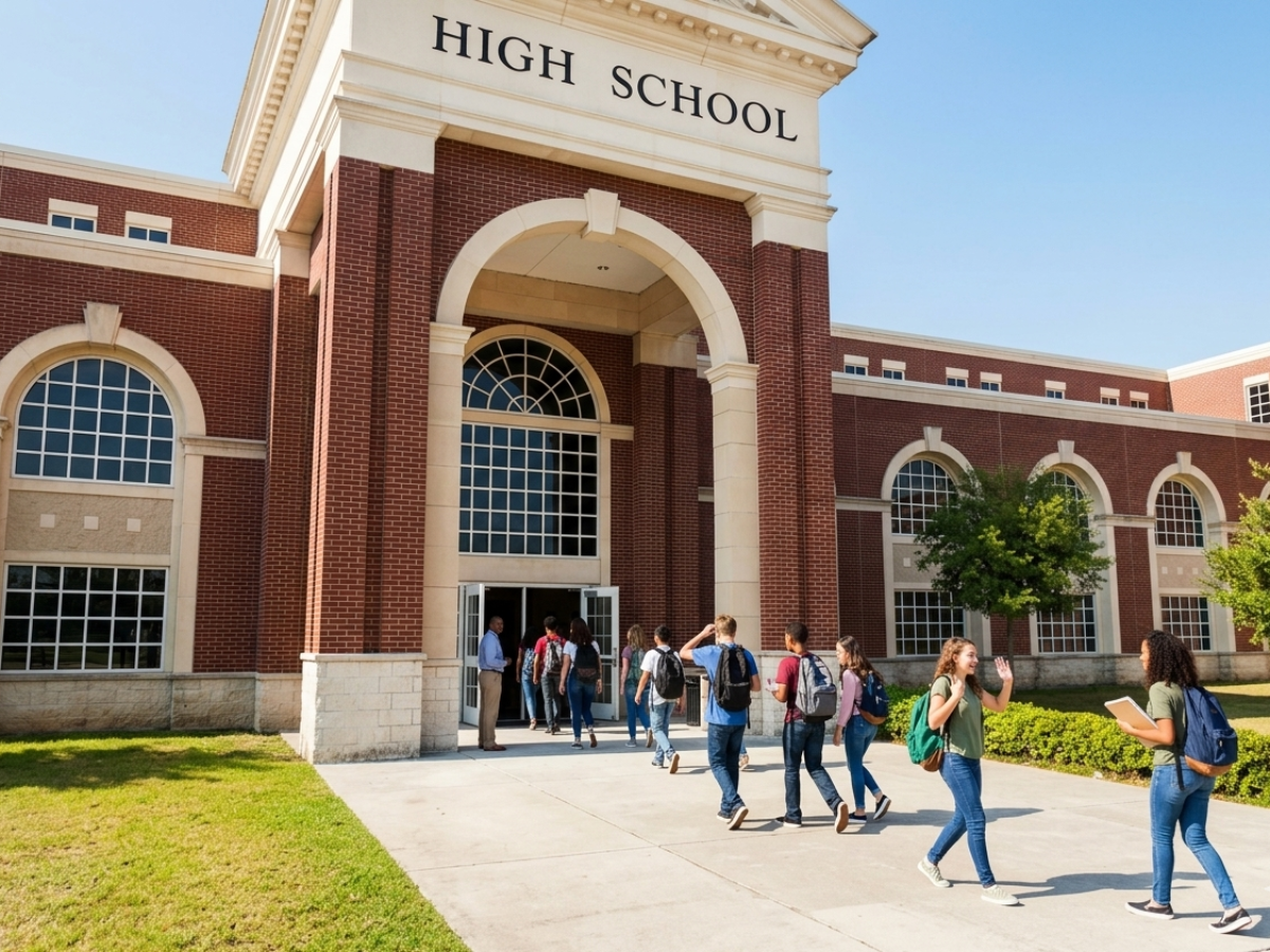 Safety, Wayfinding, and Durability: Exterior Paint Choices for High‑Traffic School Exteriors - High school entrance with students coming in.