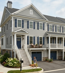 Townhome with cooler gray siding tones balanced by bright trim and bold, sophisticated accents.