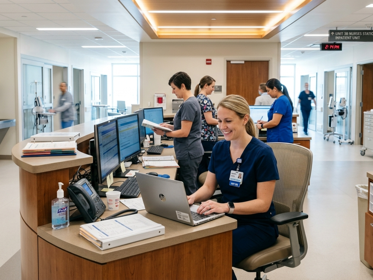 High‑Traffic Coatings for Healthcare: Hallways, Nurse Stations & Rehab Spaces in Atlanta - american nurse station full of clinic team working
