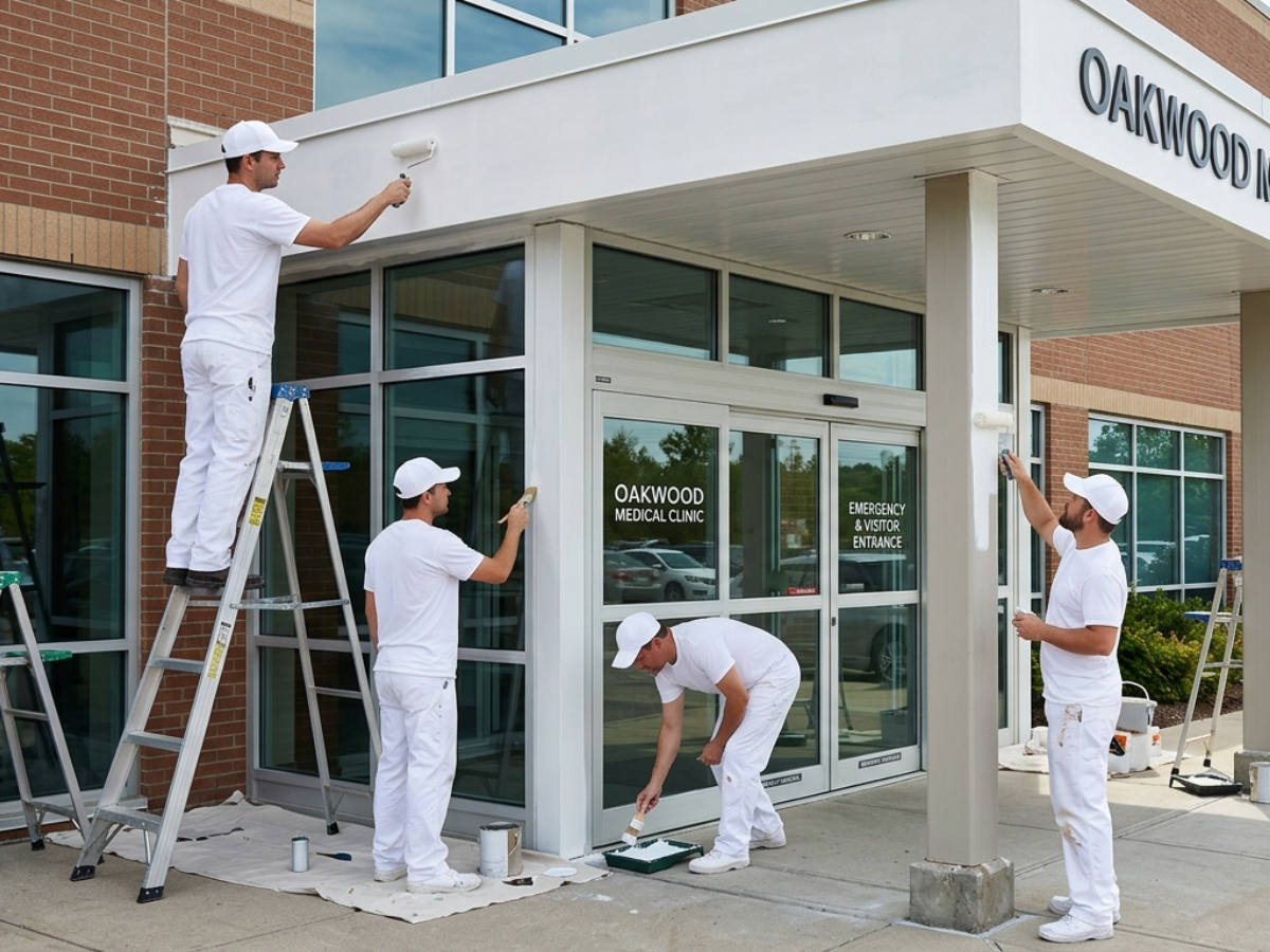 How to Choose a Commercial Painting Contractor for Your Atlanta Medical Facility - Professionals painters painting the entrance of a medical facility.