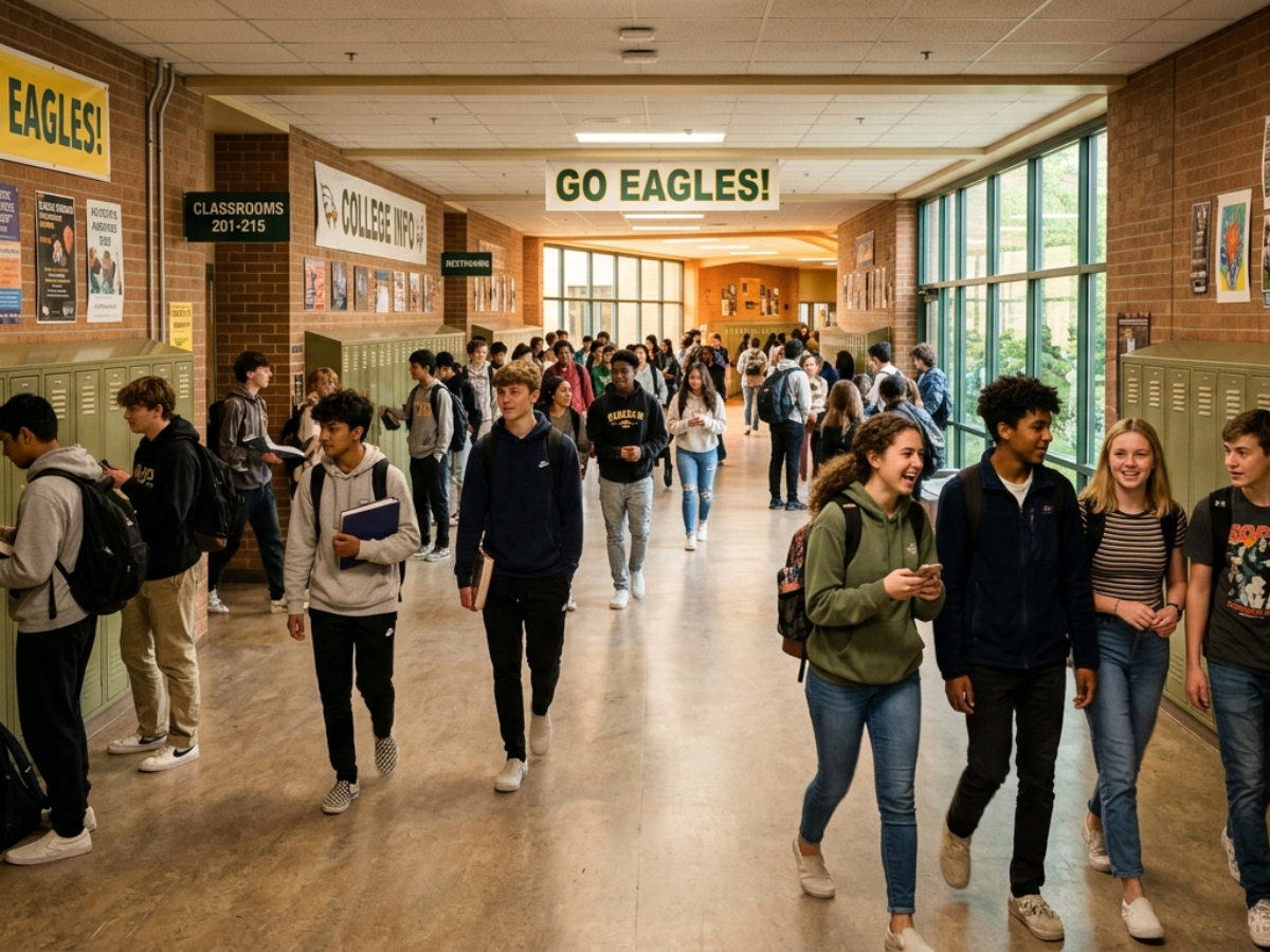 Durable Paint Finishes for High‑Traffic K‑12 Environments - High school hallway full of students walking around.