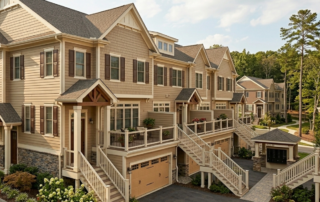 Top Exterior Paint Color Schemes for Atlanta Townhome Communities (That Property Managers Approve) - Warm beige siding, off‑white trim, dark brown shutters townhome community in Atlanta