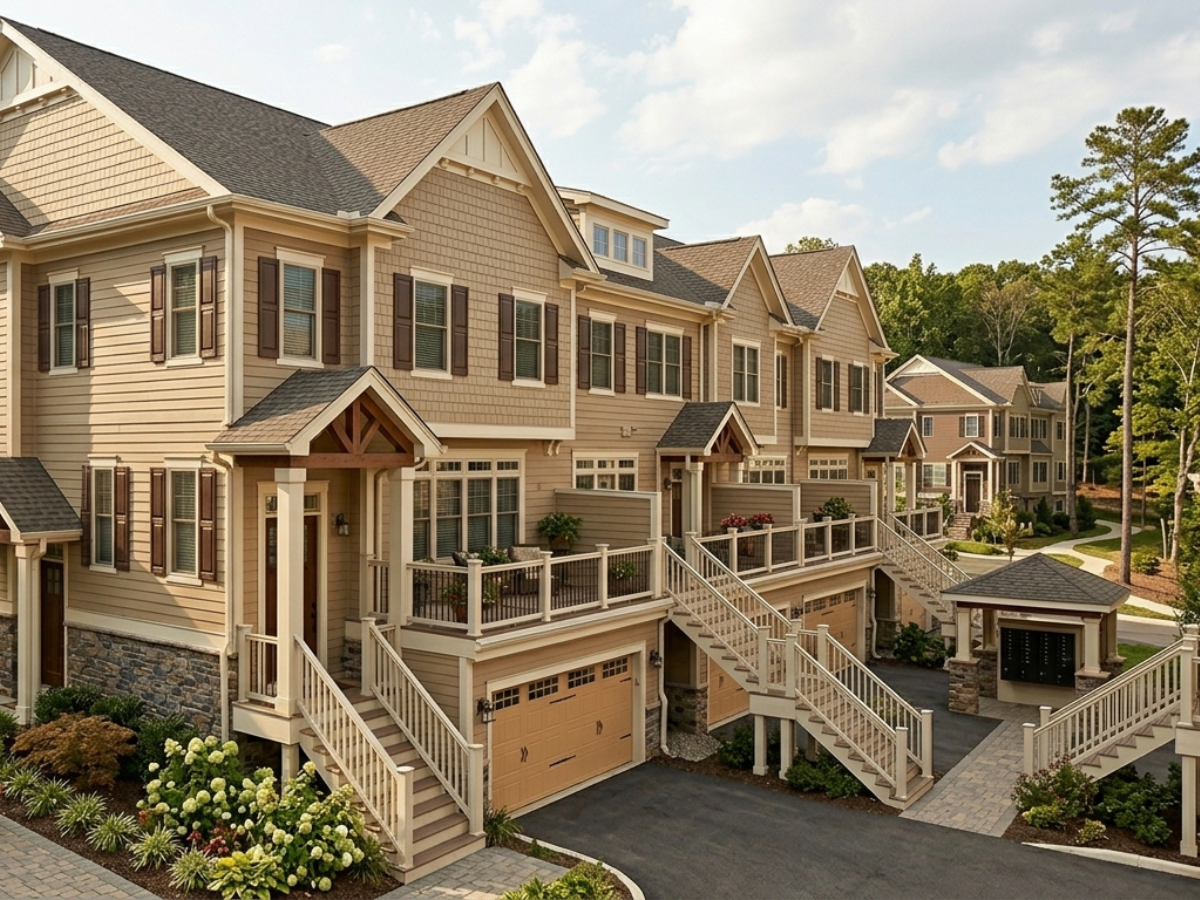 Top Exterior Paint Color Schemes for Atlanta Townhome Communities (That Property Managers Approve) - Warm beige siding, off‑white trim, dark brown shutters townhome community in Atlanta