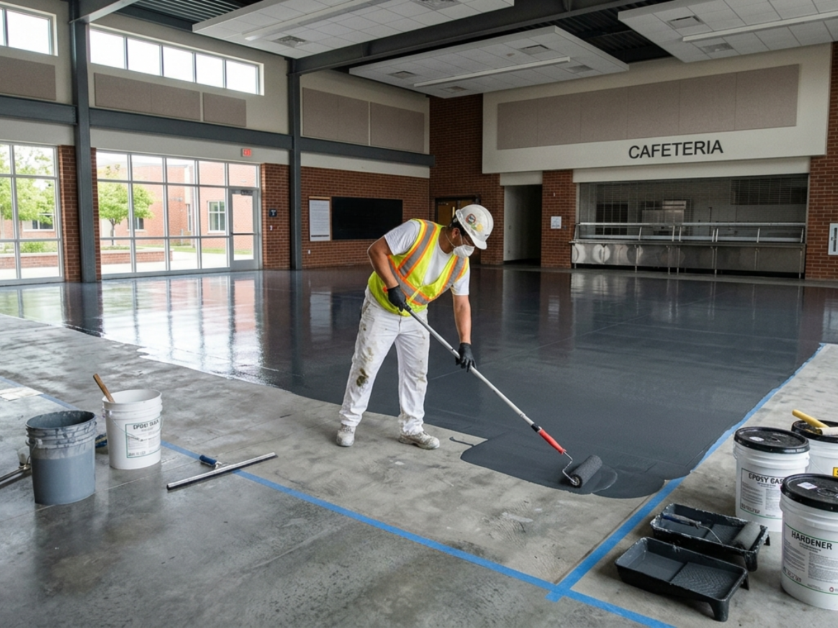 Epoxy Flooring for Schools: Improving Safety and Maintenance in Metro Atlanta Labs and Cafeterias - painting contractor applying epoxy flooring to school cafeteria